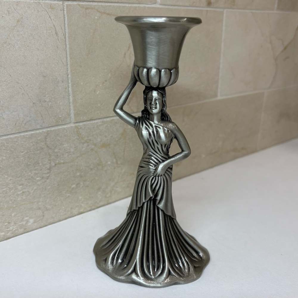 Silver Toned Candle Holder with Elegant Goddess Design, EUC